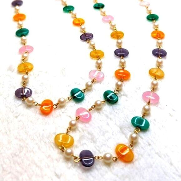 Vintage Natural Stone/Quartz Necklace w/ Faux Pearl Accents - 48" Long - Picture 1 of 8